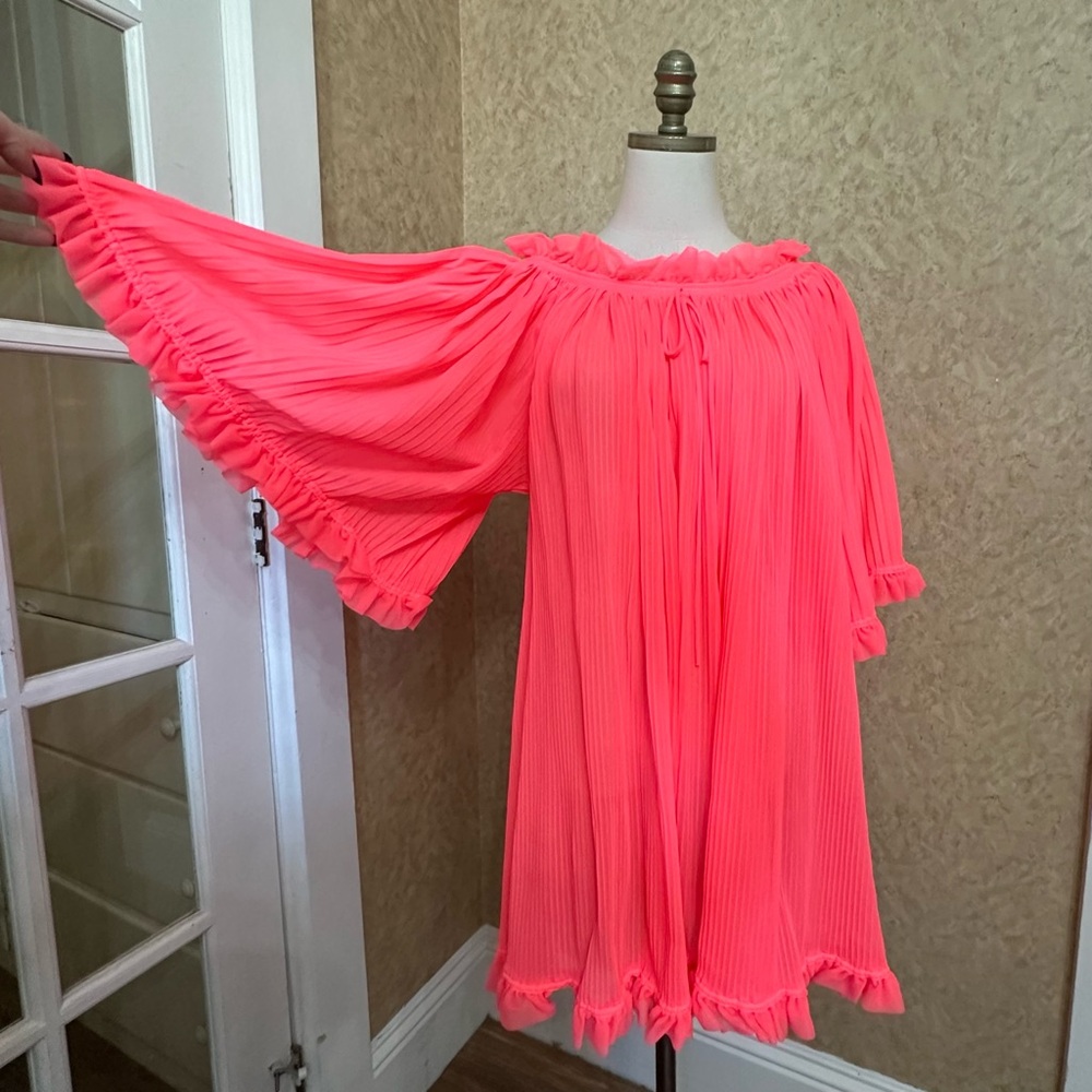 VTG 1950s Pink Pleated Ruffled Trim Bell Sleeve Babydoll Lingerie Mini Dress